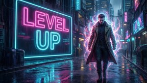 穿著 trench coat 的男人在霓虹燈照亮、下著雨的街道上行走，有發光的 'LEVEL UP' 標誌。