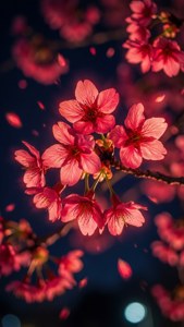 粉紅色櫻花在夜間盛開，花瓣飄落，柔和散景燈光。