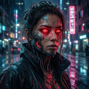 雨夜霓虹城中擁有發光紅眼的賽博格女性。
