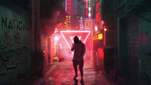 一個人在夜晚穿過霓虹燈照亮、有塗鴉牆壁的城市小巷的剪影。 — 紅色圓圈 壁紙
