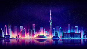 夜晚霓虹東京天際線，水中倒影和星空。 — 淺紫色動態圖片 壁紙