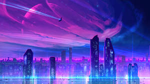 未來城市景觀，帶有霓虹燈和天空中的行星。 — 霓虹紫色美學 壁紙