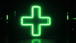 在黑暗的數位走廊中，一個明亮的綠色霓虹十字，地板上有發光的反射。