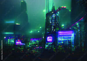 未來城市天際線，夜晚被霓虹燈和發光的摩天大樓照亮。