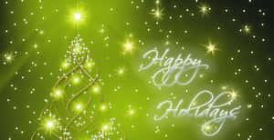 閃爍金光的螺旋樹，帶有閃亮燈光和綠色背景上的「Happy Holidays」文字。