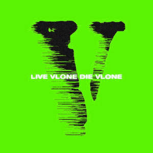 帶有故障效果的V標誌和綠色背景上的文字live vlone die vlone