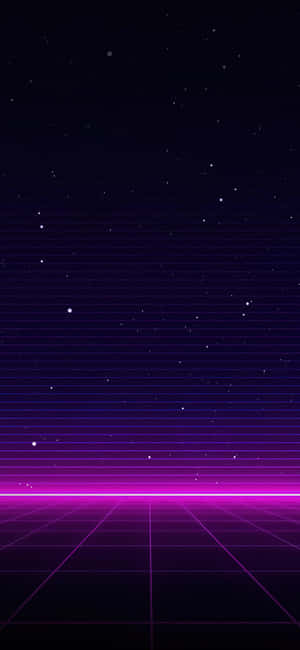 星空夜空下的霓虹網格地板，帶有發光的紫色線條。 — 紫色 iPhone 壁紙