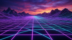 未來風格的霓虹網格景觀，配以紫色山脈與合成波天空。 — 霓虹美學 壁紙