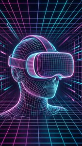 線框人物在發光網格隧道中佩戴VR頭戴式裝置