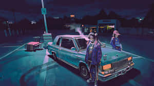 兩個動漫角色在夜晚霓虹燈照亮的停車場中，靠近一輛發光的復古汽車。 — 霓虹美學 壁紙
