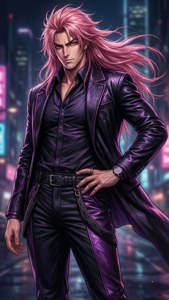 動漫男子粉紅頭髮穿紫色皮革服裝，以霓虹城市為背景