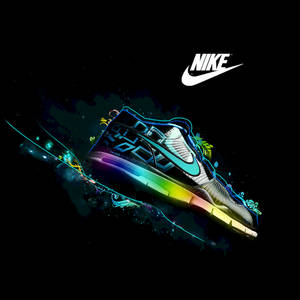 一雙發光的彩虹Nike運動鞋漂浮在黑暗的宇宙場景中，帶有霓虹軌跡。