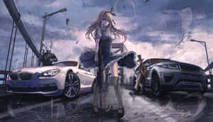 動漫女孩在雨中橋上兩輛豪華車之間拿著步槍，附近有武裝人物。 — 酷車 壁紙