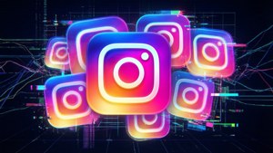 在數位故障效果中漂浮的霓虹Instagram標誌，帶有發光線條。