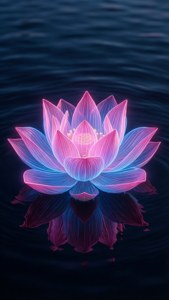 一朵發光的蓮花漂浮在黑暗的水面上，倒影清晰。 — AMOLED 壁紙