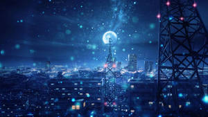 未來主義城市天際線夜景，發光塔樓與明亮月亮。
