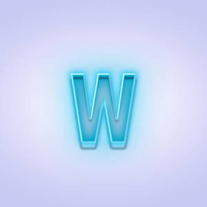 發光藍色霓虹字母W在柔和薰衣草背景上