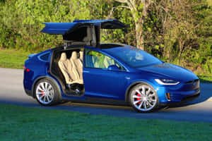 藍色Tesla Model X打開車門停在靠近綠樹的道路上。