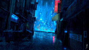 雨中的霓虹小巷通向夜晚閃耀的未來城市。