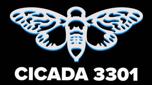 白色蟬標誌，帶藍色輪廓，黑色背景上寫有CICADA 3301文字。 — 霓虹美學 壁紙