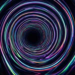 霓虹燈光軌跡在黑暗的數位隧道中螺旋向內。 — Galaxy Watch 壁紙