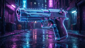 霓虹照亮的未來風格槍支在夜晚濕漉漉的城市街道上漂浮。