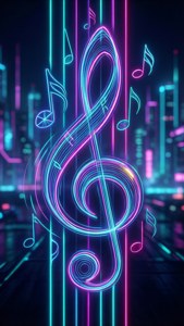 夜間發光的城市天際線襯托下的霓虹音符和譜號。