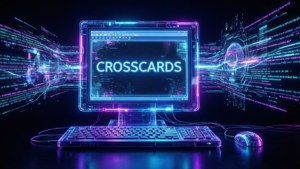 霓虹燈電腦螢幕顯示 'CROSSCARDS'，周圍環繞著數位代碼流。