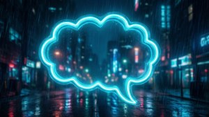 霓虹燈思想泡泡喺雨夜城市街道上漂浮，帶有發光倒影。