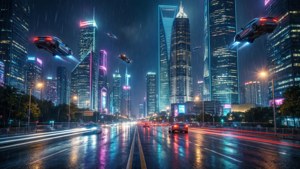 雨中的未來城市，夜間有飛車和發光的摩天大樓。