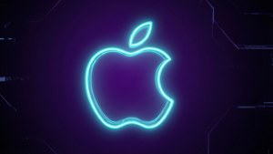 霓虹藍色Apple標誌在黑暗的數碼空間中與電路線條一起發光。