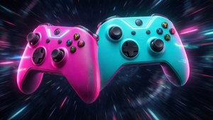 兩個色彩繽紛的Xbox控制器漂浮在星光閃爍的霓虹太空場景中。
