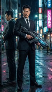 穿西裝的男人在雨夜霓虹燈城市街道上拿著未來風格的步槍。