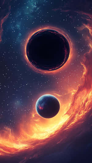 一個黑洞和行星在熾熱的橙色星雲中運行，背景有藍綠色星星 — 霓虹 壁紙