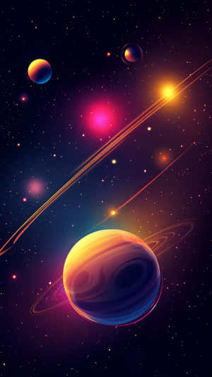 一個發光的環狀行星，帶有橙色和藍色色調，在星空宇宙場景中，伴隨著光跡和遙遠行星。 — 霓虹 壁紙