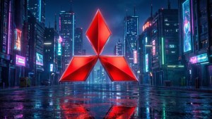 發光的紅色三菱標誌漂浮在夜晚下雨的霓虹街道上。