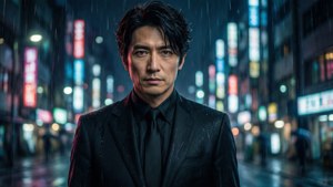 穿黑色西裝的男人在雨夜霓虹城市中站立