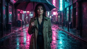 穿著風衣的女性在霓虹燈照亮的雨夜城市街道上撐傘。