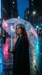 女性撐透明雨傘在夜晚雨中城市霓虹燈下行走。