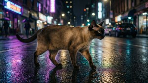 暹羅貓在夜晚霓虹燈下走在潮濕的城市街道上