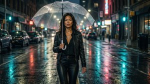 身穿黑色皮革的女性在夜間霓虹燈照亮的城市街道上，在透明雨傘下雨中行走。