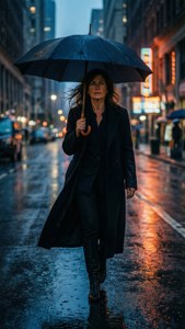 女人在夜間濕滑的城市街道上撐傘雨中行走，伴隨霓虹燈光。