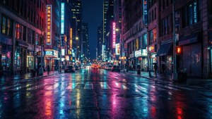 夜晚濕漉漉的城市街道反射出周圍建築物多彩的霓虹燈光。
