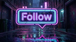 寫著「Follow」的霓虹燈牌在雨夜的小巷中發光。