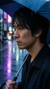 男子在夜晚雨中的城市撐傘，霓虹燈光反射在濕漉漉的人行道上。