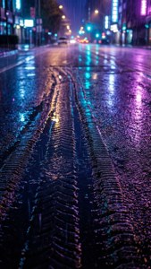 雨夜城市街道，霓虹燈反射和濕路面上的輪胎痕跡。