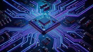 發光電路板，帶有中央處理器和霓虹藍色紫色路徑