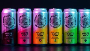 六個彩虹漸變色的White Waw飲料罐排列在深色表面上。