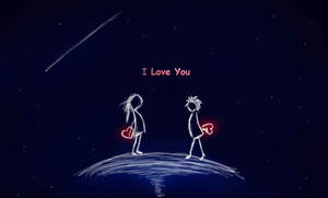 兩個火柴人在星空下舉著發光的愛心，帶有「I Love You」文字。