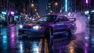 紫色跑車在夜間濕滑的霓虹燈城市街道上飄移。